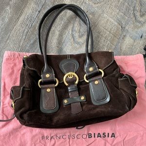 Francesco Biasia Chocolate Brown Soft Suede Double Handle Satchel Purse Handbag